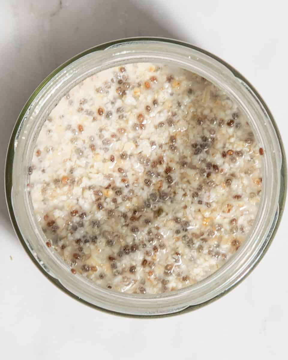 Thickened overnight oats mix in a jar.