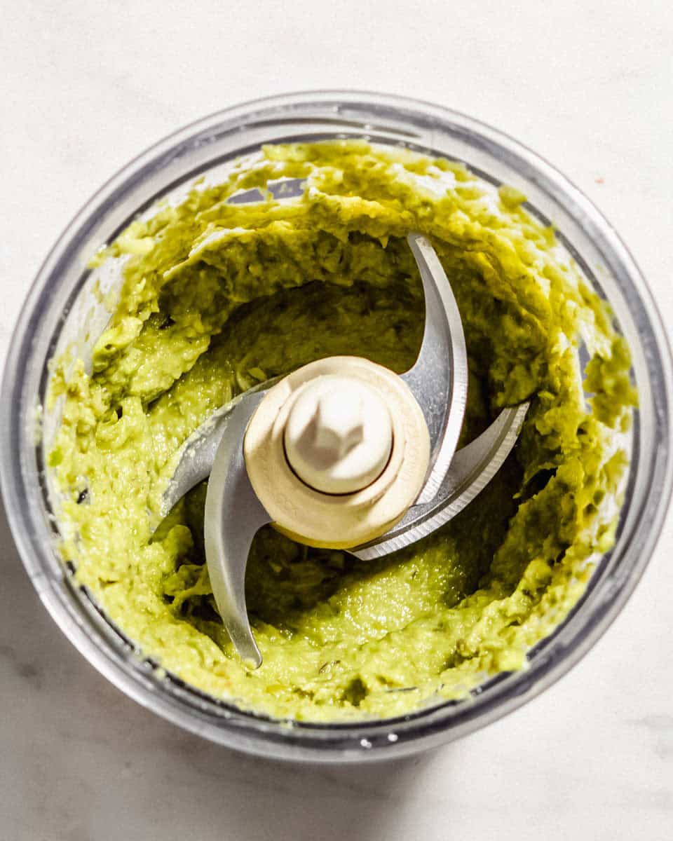 Blended asparagus puree in a food processor.