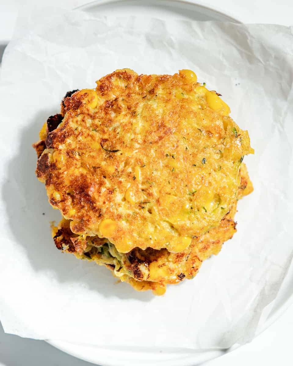 Birds-eye view of sweetcorn fritters.