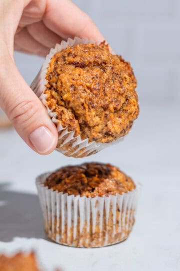 2 carrot date muffin, the upper one being taken away.