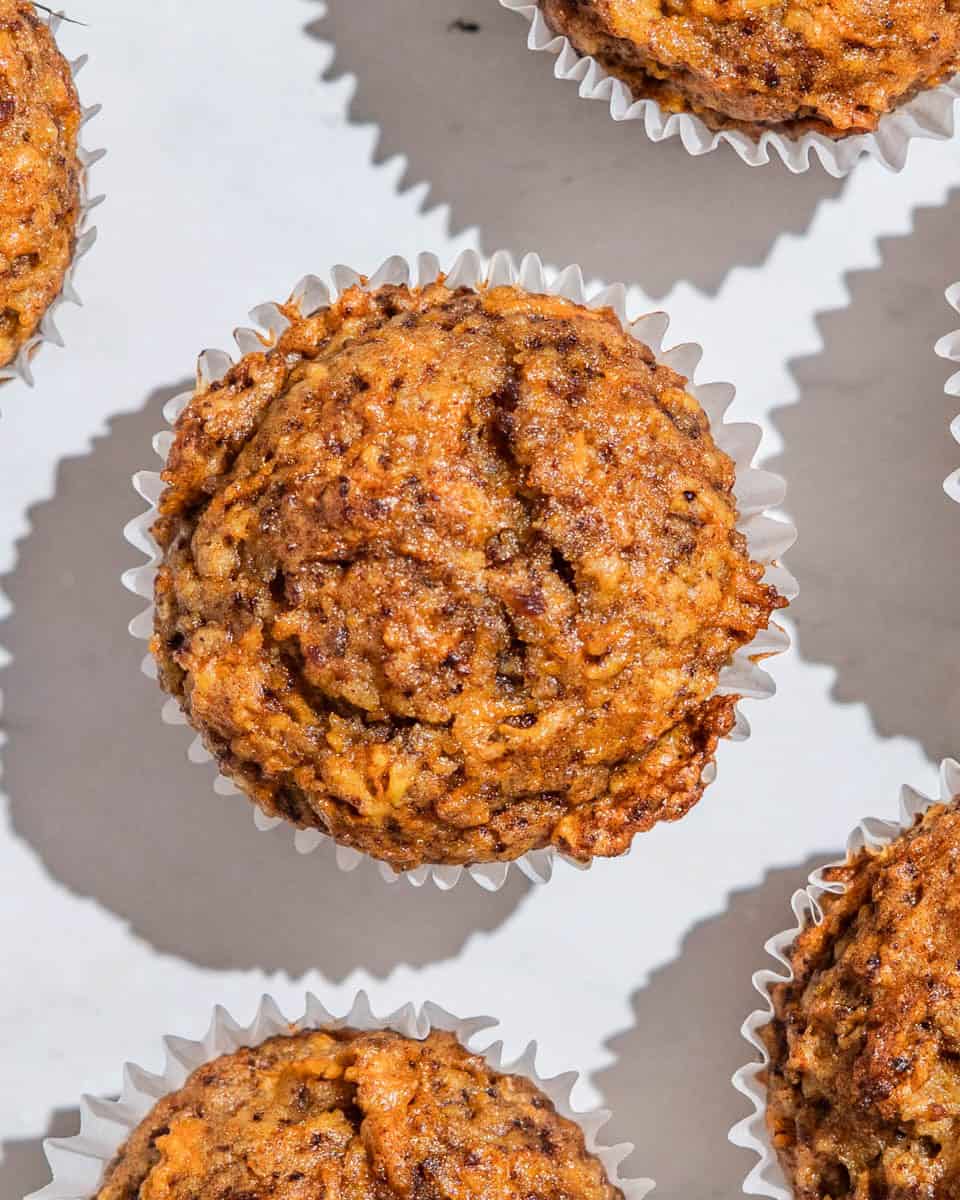 Birds-eye view of a carrot date muffin.