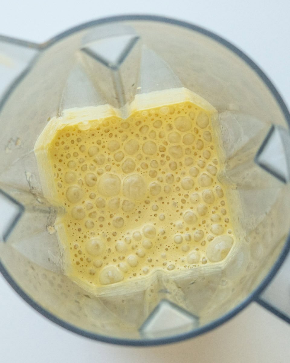 All wet ingredients in a blender, blended.