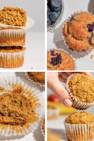 4 different pictures of muffins: first picture shows a stack of 3 muffins, second on a bired-eye view of a blueberry muffin, third one the inside of a muffin bireds eye view and last one a stack of 2 muffins with 1 being taken away.