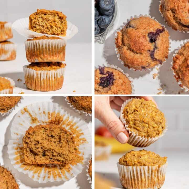 4 different pictures of muffins: first picture shows a stack of 3 muffins, second on a bired-eye view of a blueberry muffin, third one the inside of a muffin bireds eye view and last one a stack of 2 muffins with 1 being taken away.
