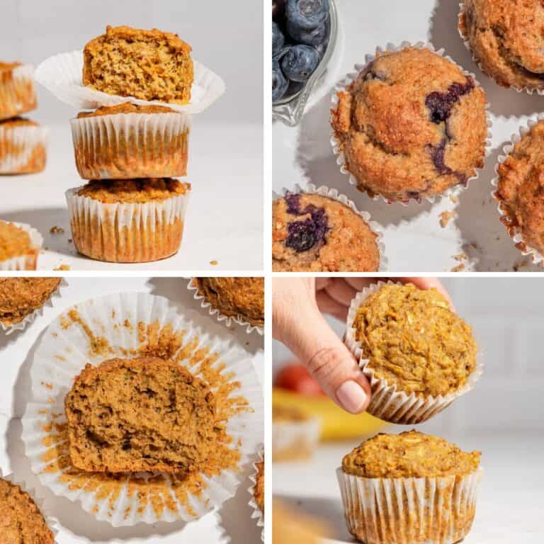 4 different pictures of muffins: first picture shows a stack of 3 muffins, second on a bired-eye view of a blueberry muffin, third one the inside of a muffin bireds eye view and last one a stack of 2 muffins with 1 being taken away.