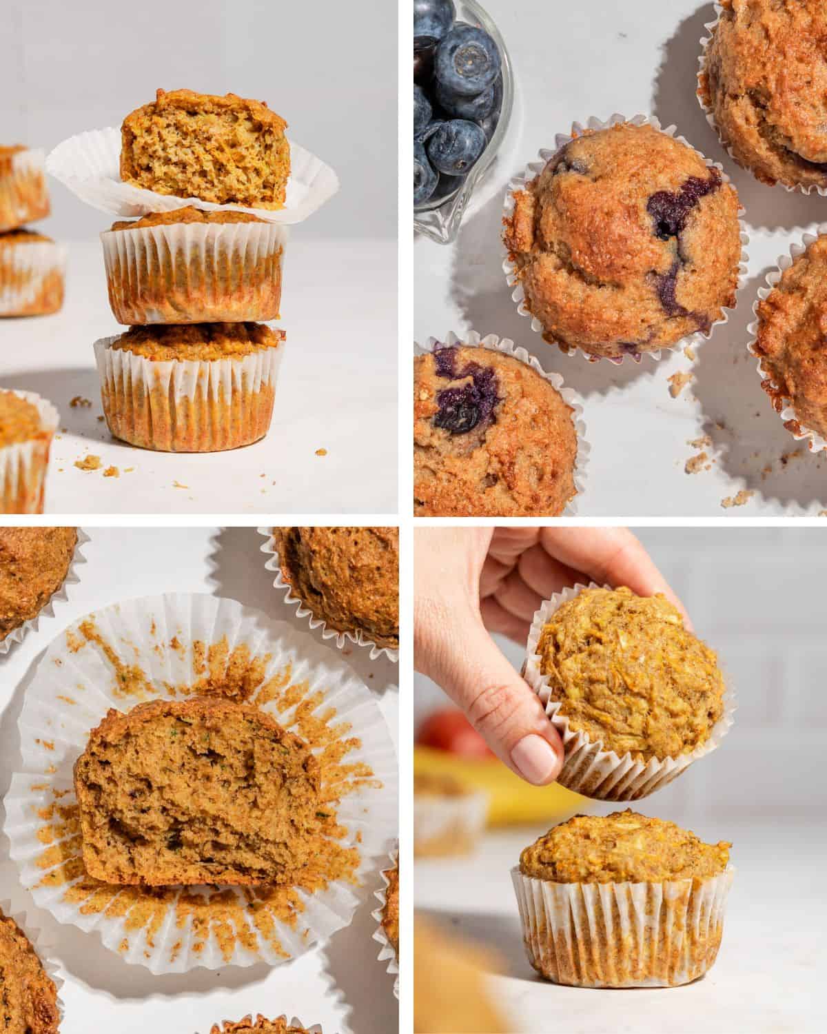 4 different pictures of muffins: first picture shows a stack of 3 muffins, second on a bired-eye view of a blueberry muffin, third one the inside of a muffin bireds eye view and last one a stack of 2 muffins with 1 being taken away.