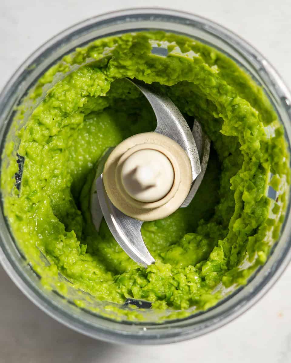 Pea puree in a food processor.
