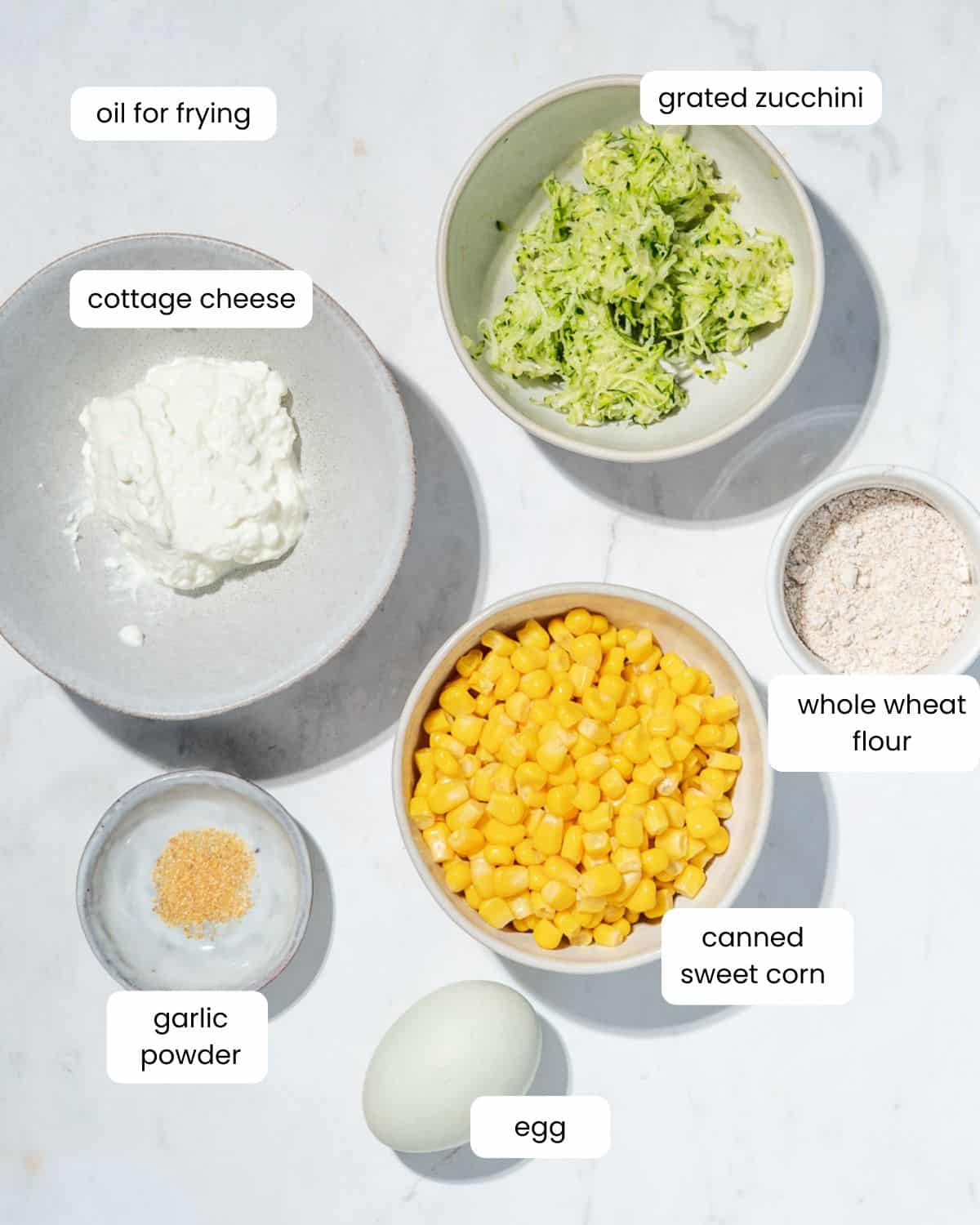 All ingredients needed to make these sweet corn fritters.