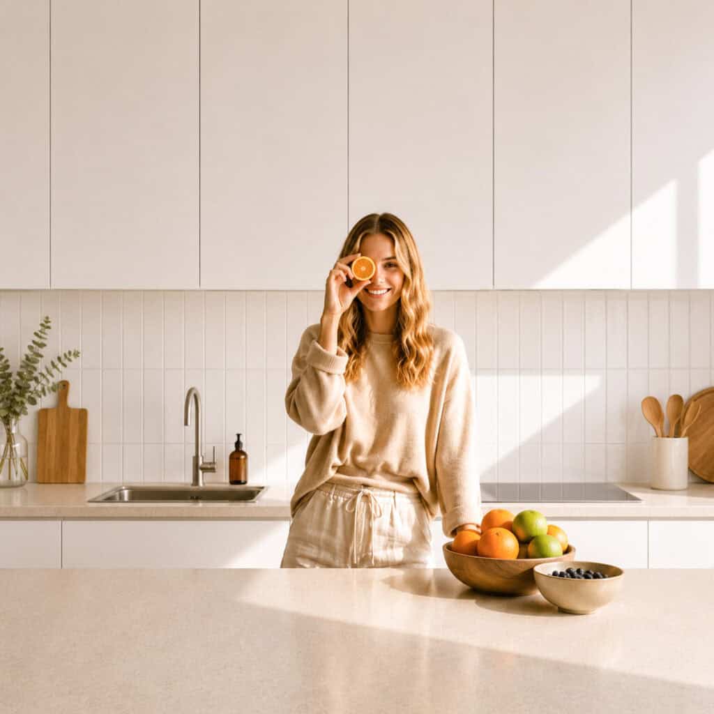 girl standing in the kitchen with a lemon in front of her right eye.