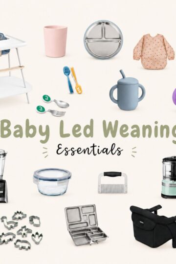 Baby Feeding Essentials infographic featuring a highchair, bib, suction plate, open cup, straw cups, baby spoons and utensils, blender, food processor, glass food storage container, bento-style lunchbox, portable highchair, crinkle cutter, and dinosaur-shaped cookie cutters arranged around the title "Baby Feeding Essentials" on a soft neutral background.