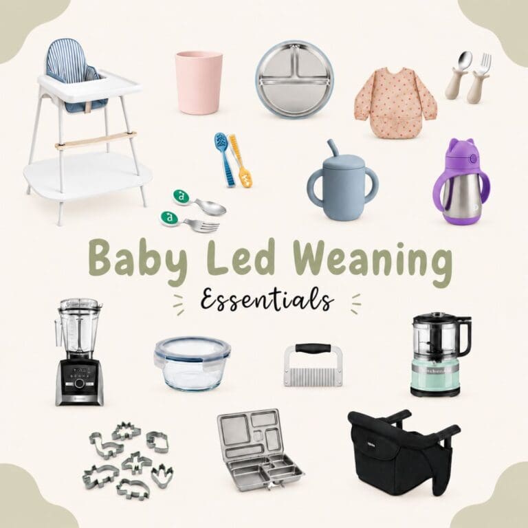 Baby Feeding Essentials infographic featuring a highchair, bib, suction plate, open cup, straw cups, baby spoons and utensils, blender, food processor, glass food storage container, bento-style lunchbox, portable highchair, crinkle cutter, and dinosaur-shaped cookie cutters arranged around the title "Baby Feeding Essentials" on a soft neutral background.