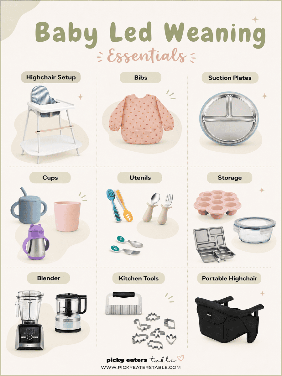 A lot of baby led weaning essentials like highchair, bibs, suction plates etc.