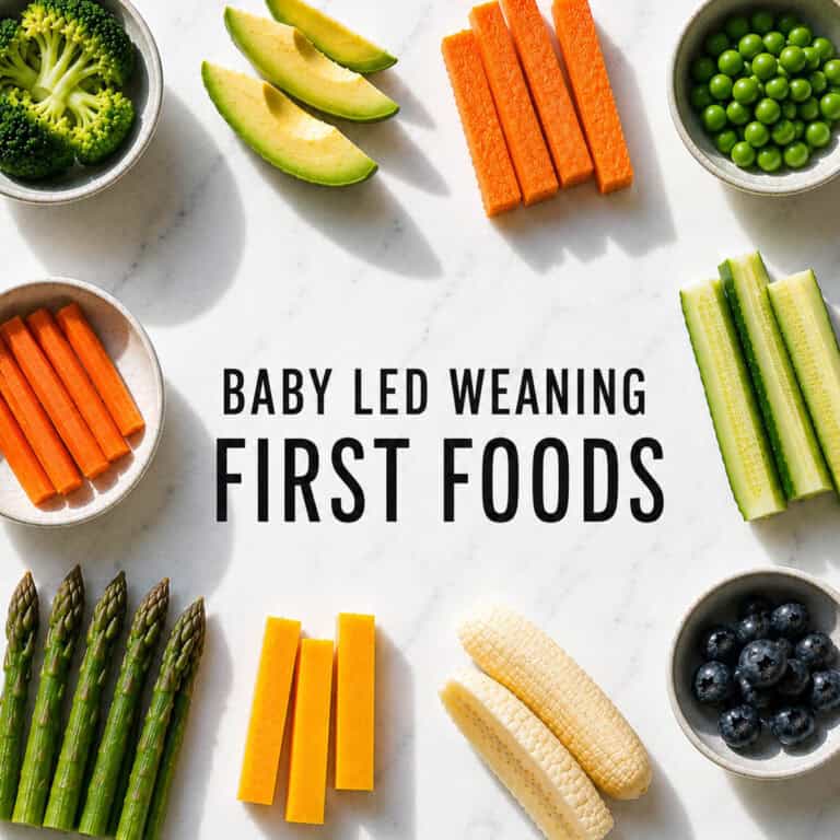 Flat lay of baby-led weaning first foods arranged on a white marble background, including broccoli, avocado, carrot sticks, sweet potato sticks, peas, cucumber spears, asparagus, cheese sticks, blueberries, and banana. Bold black text in the center reads "Baby Led Weaning First Foods," with bright natural light casting soft shadows from the right.